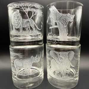 Hand Etched Art Glass Tumblers Safari Signed Michael Dior Whisky Low Ball Set 4
